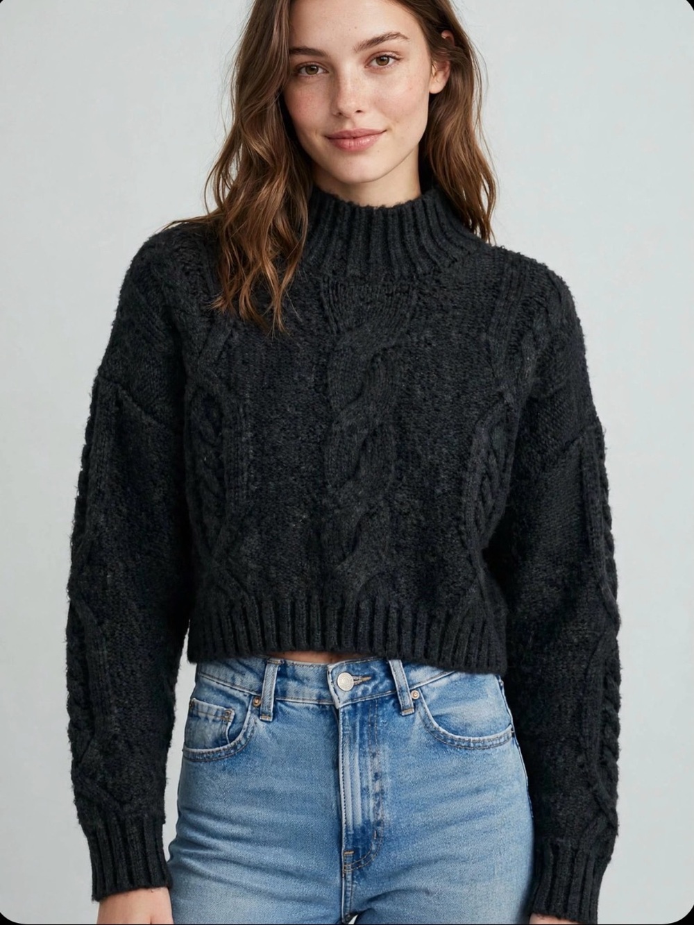 DKNY Cropped Cable Knit Mock Neck Sweater Black